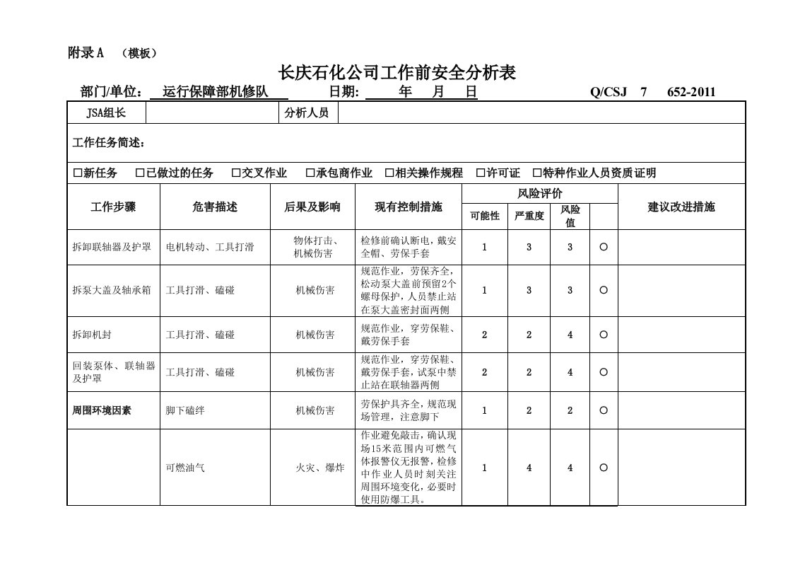 普通机泵检修JSA模板