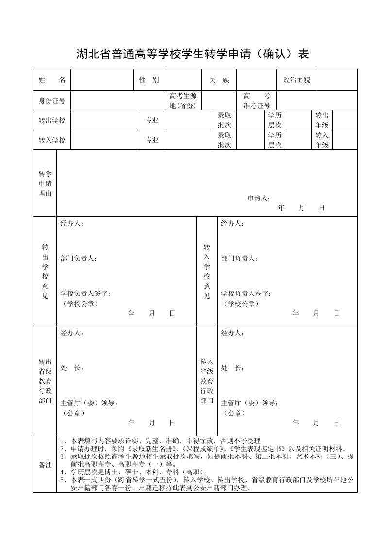 湖北普通高等学校学生转学申请确认表