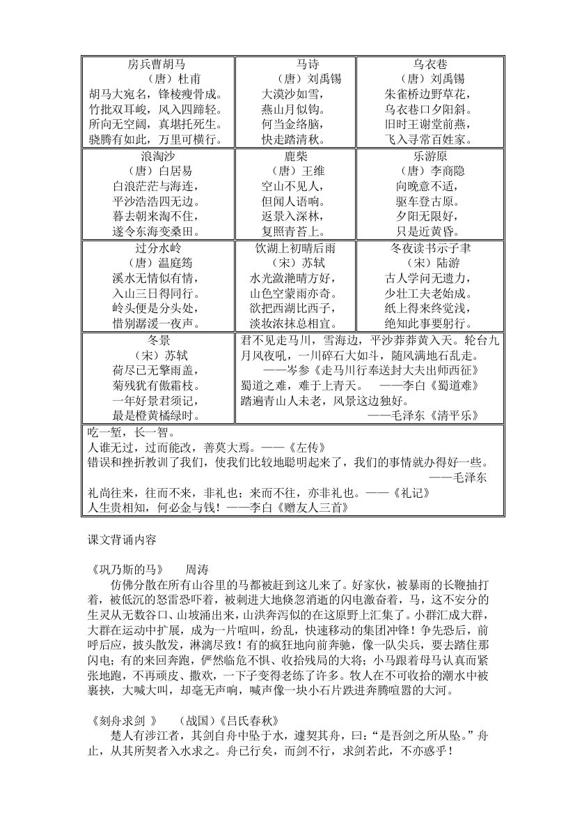 北师大版五年级上册古诗名言四字词