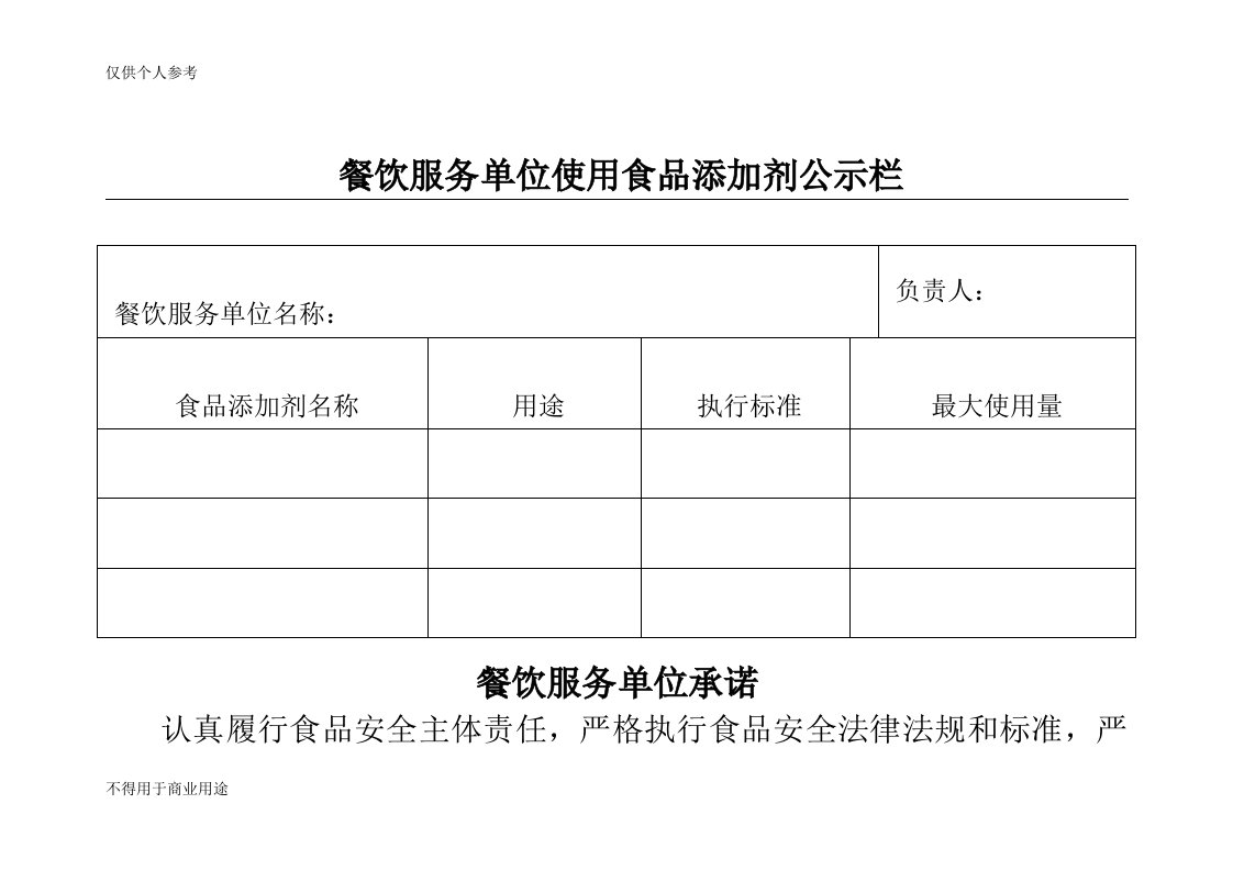 餐饮服务单位使用食品添加剂公示栏