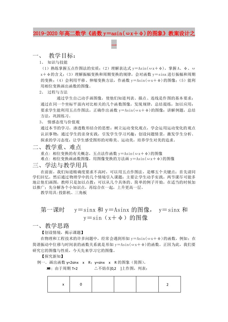 2019-2020年高二数学《函数y＝asin(ωx＋φ)的图象》教案设计之一