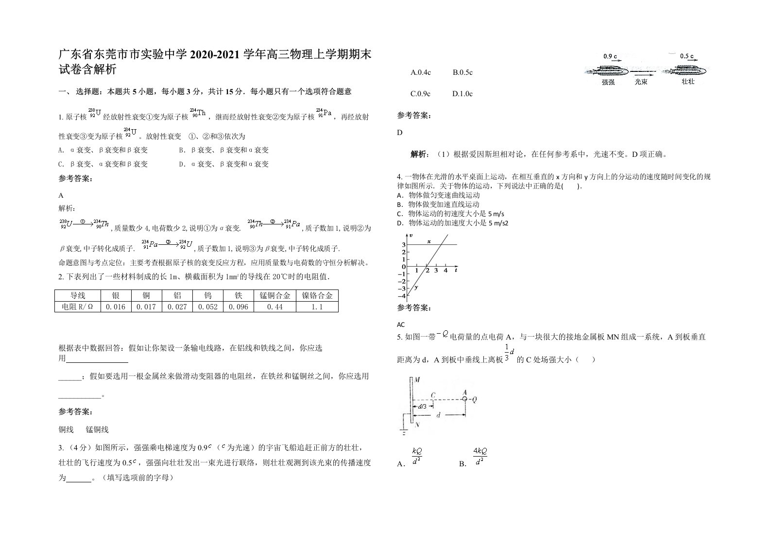 广东省东莞市市实验中学2020-2021学年高三物理上学期期末试卷含解析