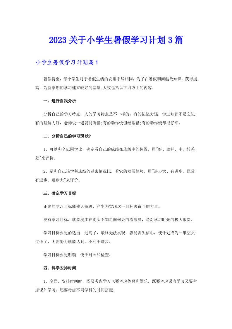 2023关于小学生暑假学习计划3篇