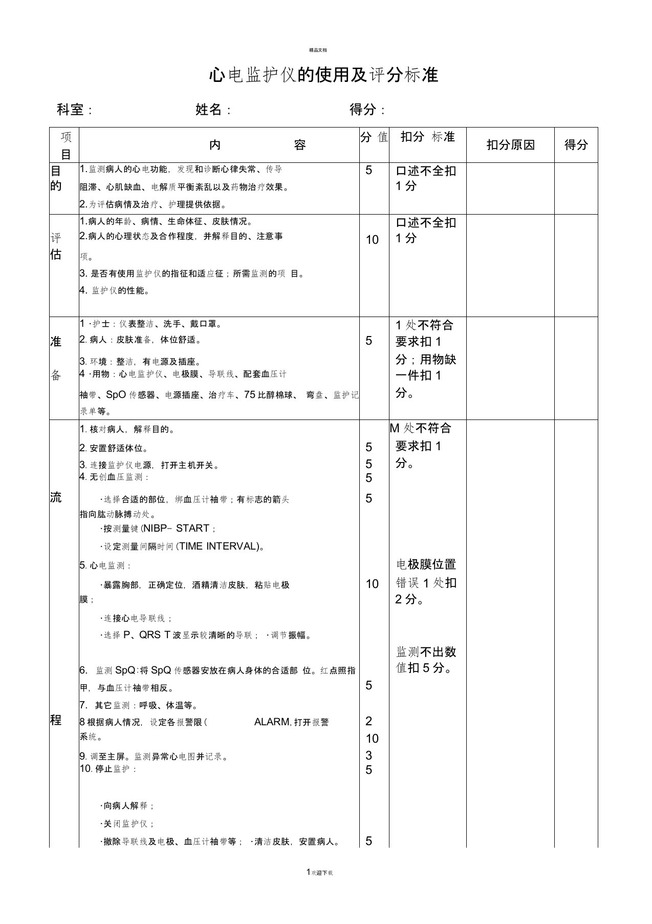 心电监护仪的使用及评分标准