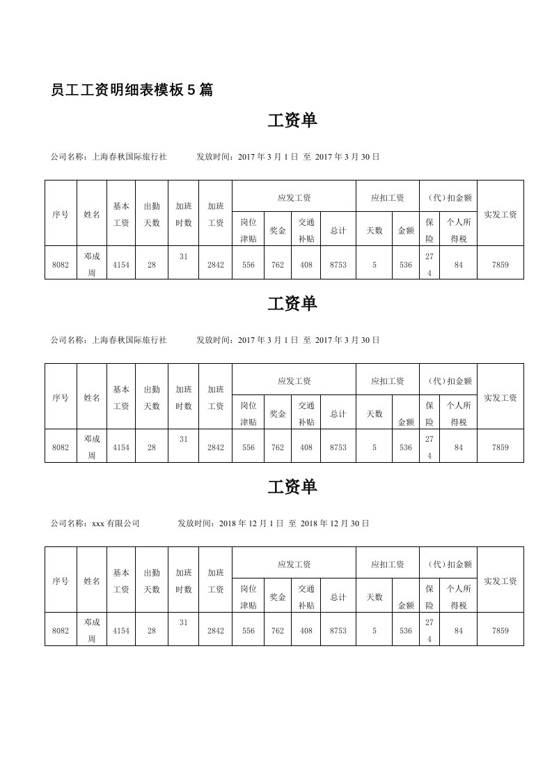 员工工资明细表模板5篇