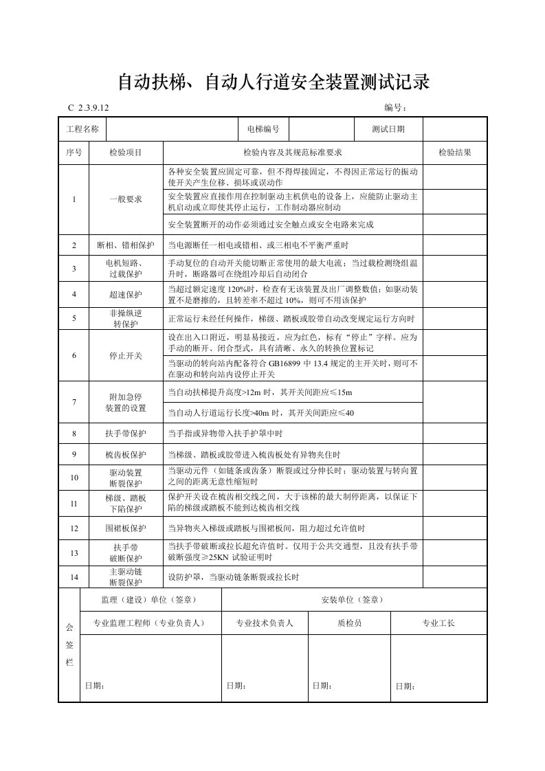 建筑工程-自动扶梯自动人行道安全装置测试记录