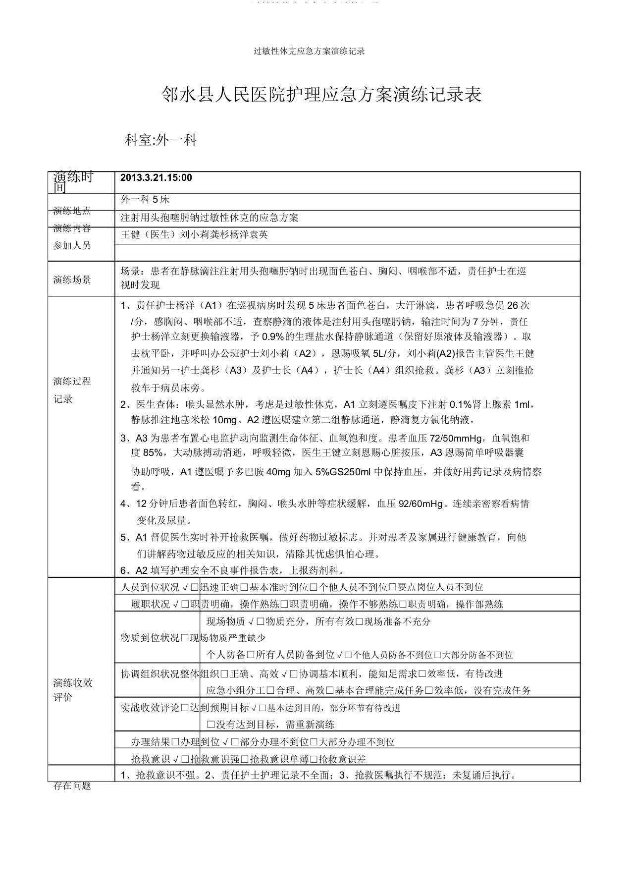 过敏性休克应急预案演练记录