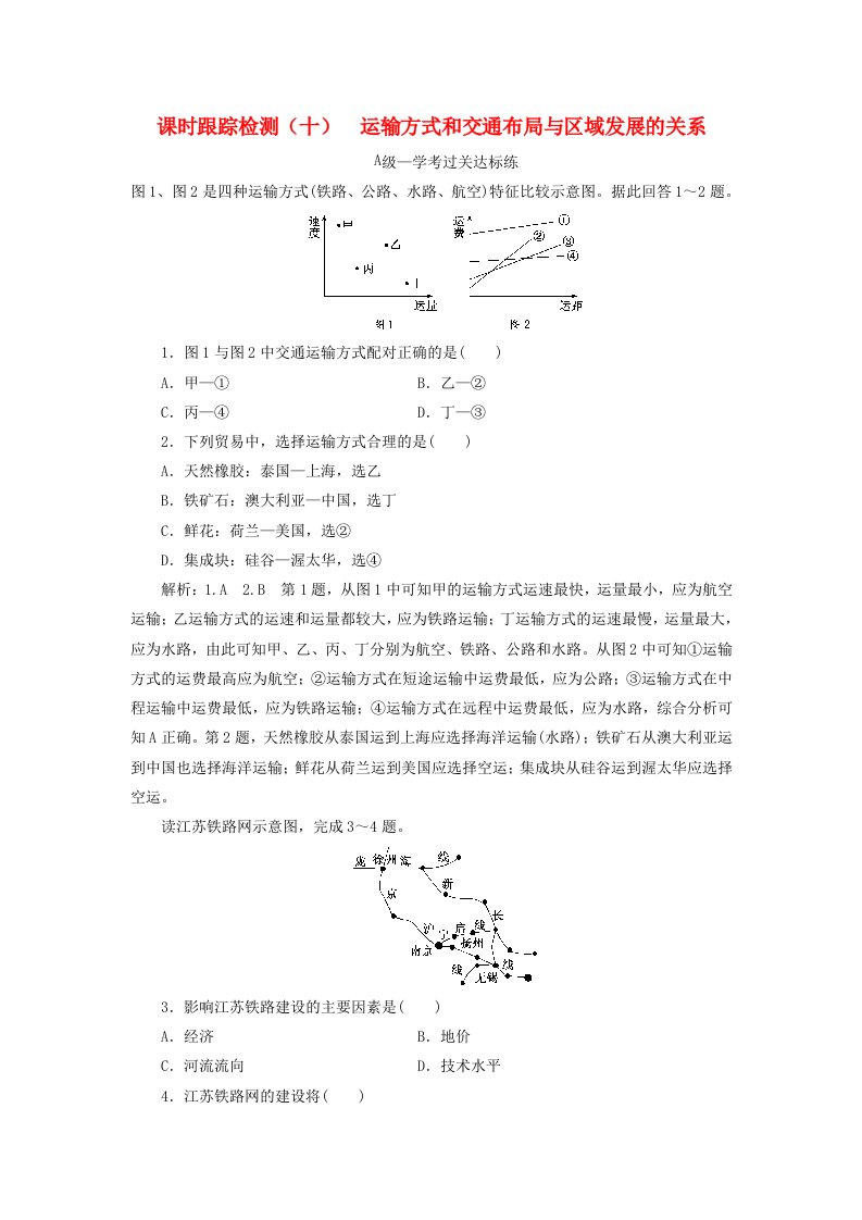 2019-2020学年新教材高中地理课时跟踪检测十运输方式和交通布局与区域发展的关系中图版必修第二册