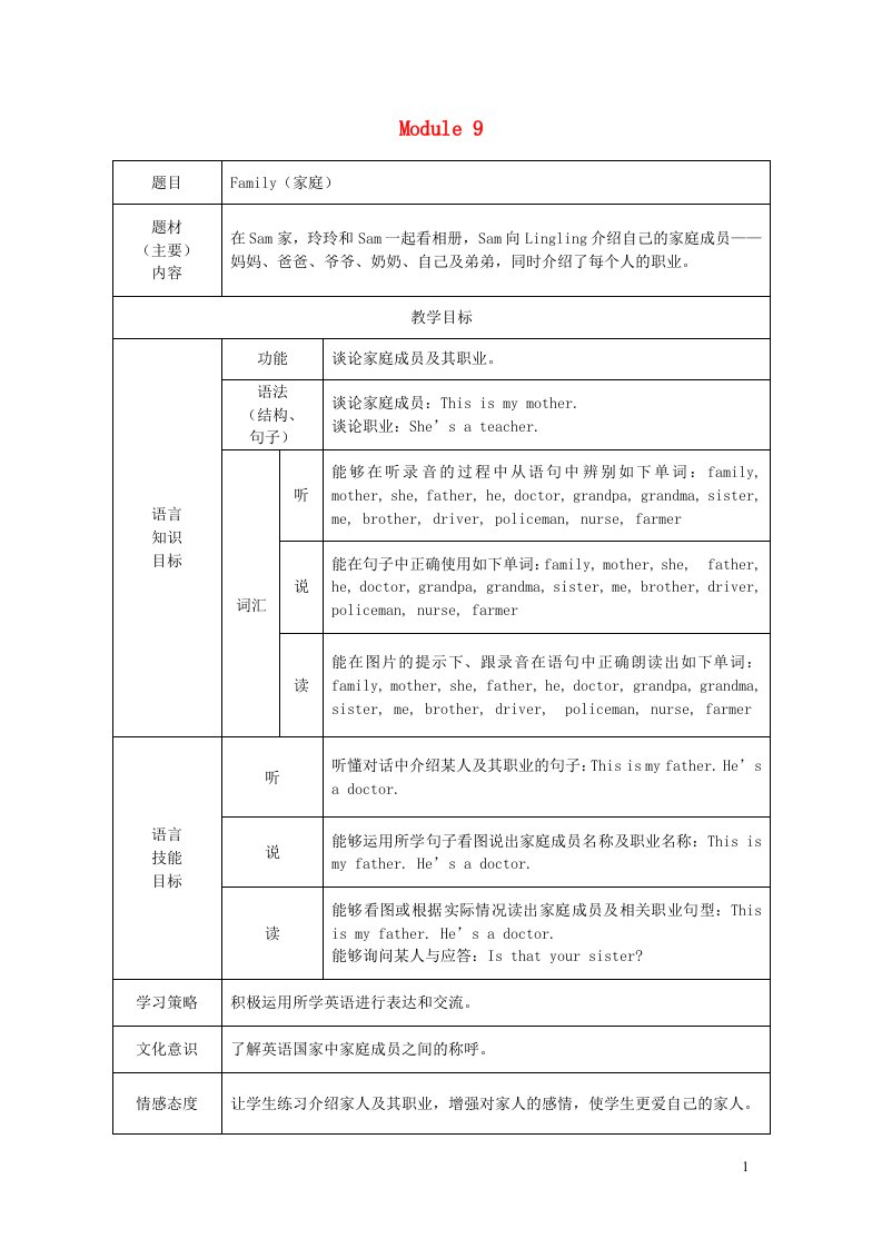 2021秋三年级英语上册Module9Family家庭教案外研版三起