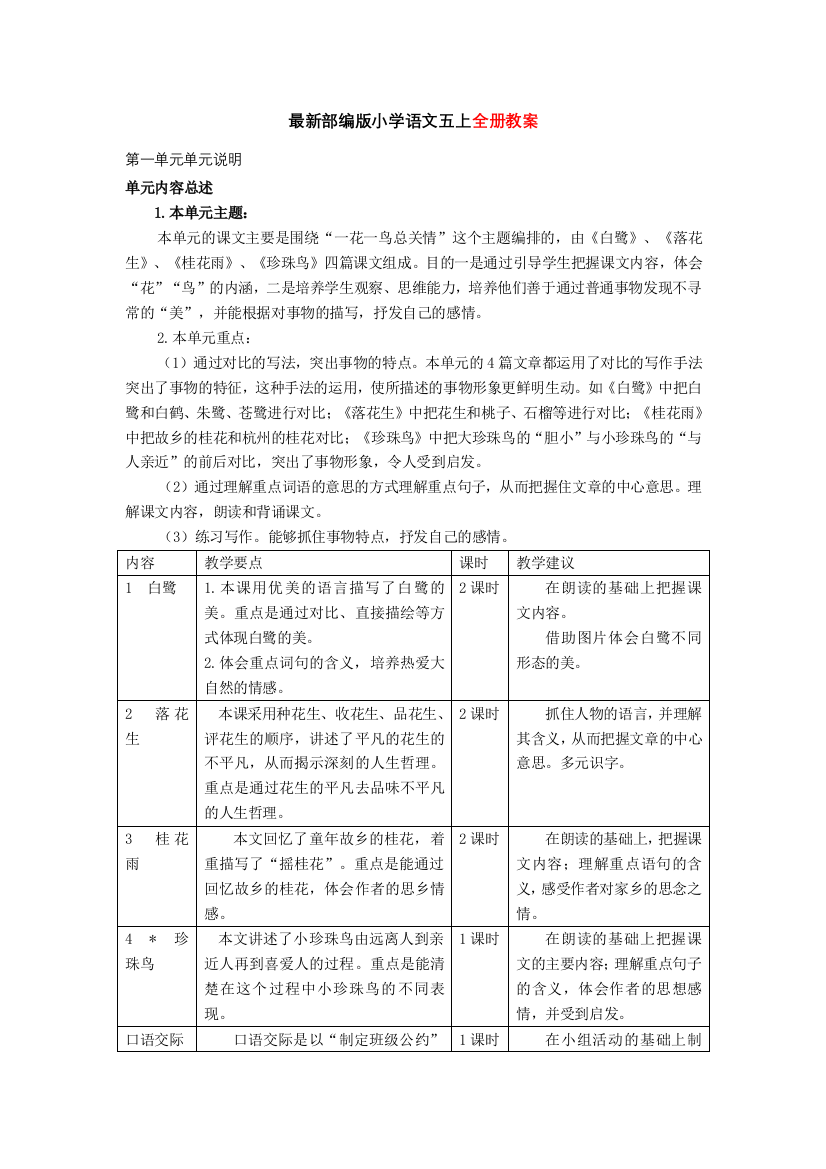 (完整版)最新部编版小学语文五年级上册教案