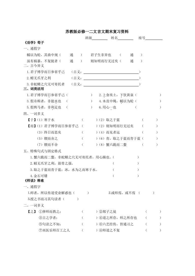 苏教版必修一二文言文期末复习资料