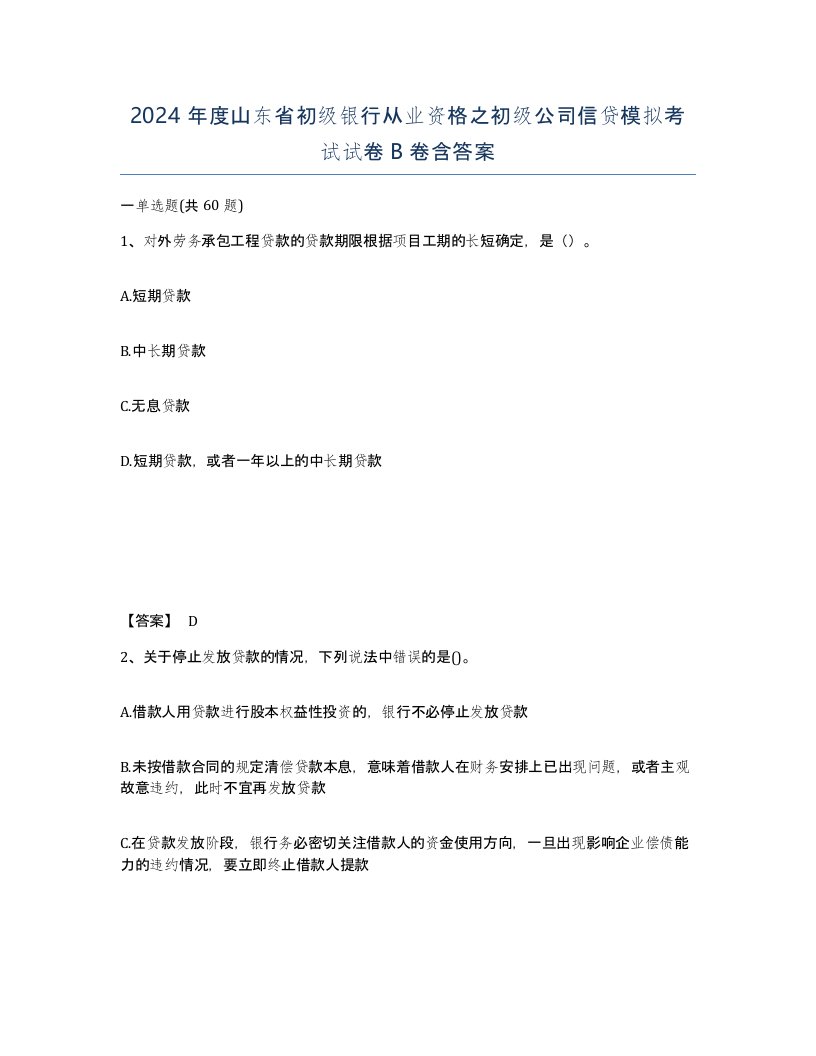 2024年度山东省初级银行从业资格之初级公司信贷模拟考试试卷B卷含答案