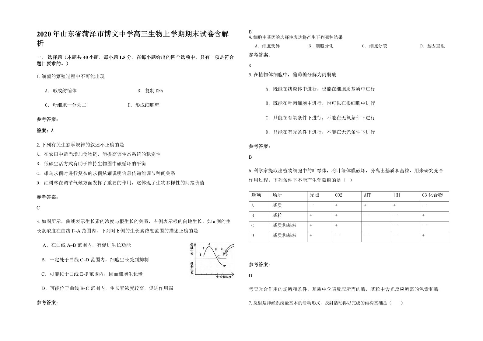 2020年山东省菏泽市博文中学高三生物上学期期末试卷含解析