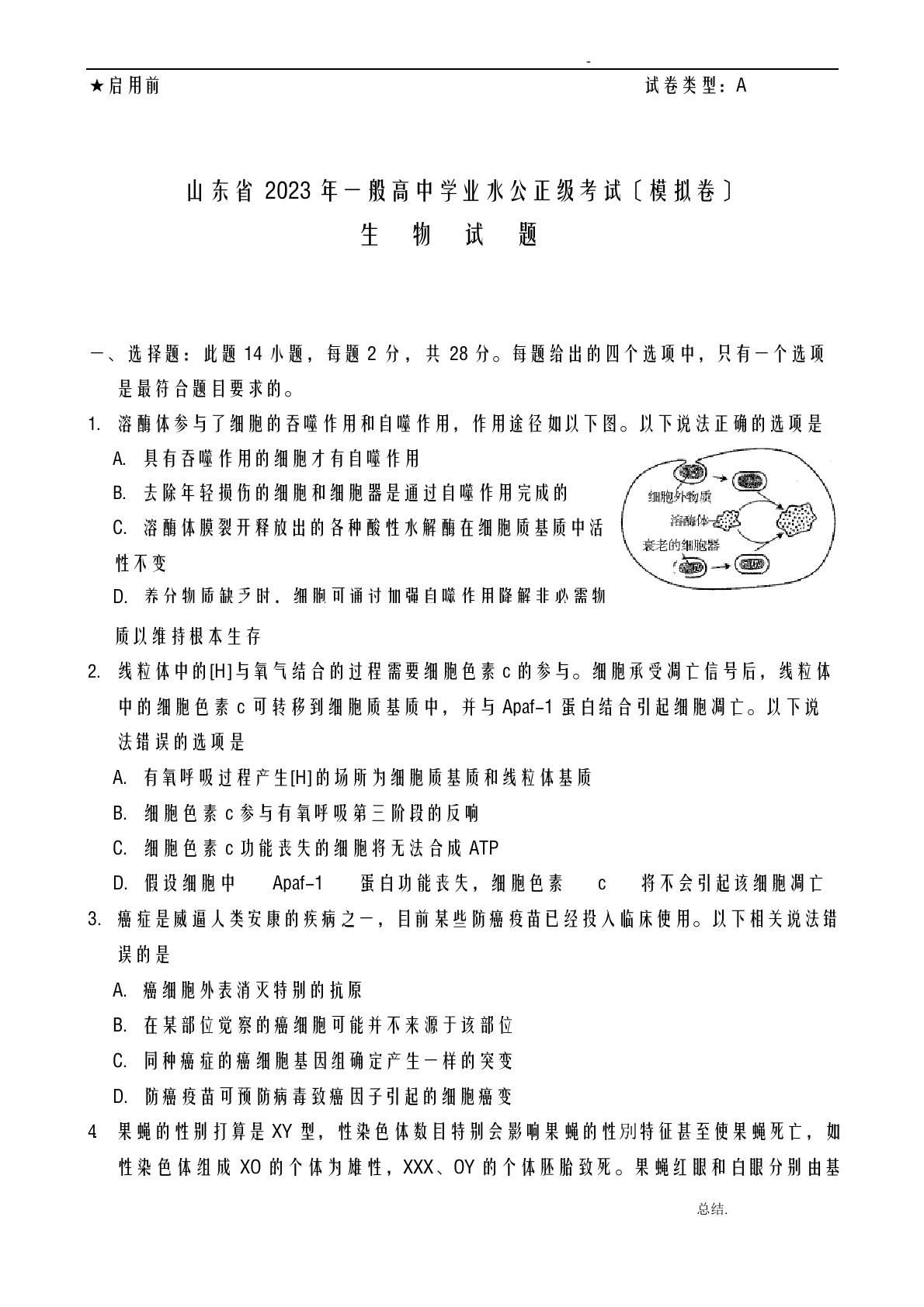 山东省2023年普通高中学业水平等级考试(模拟卷)生物试题及参考答案