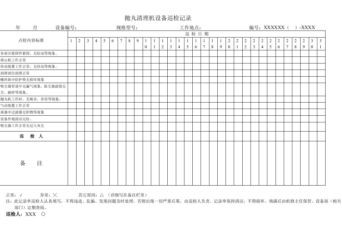 抛丸机运行点检表