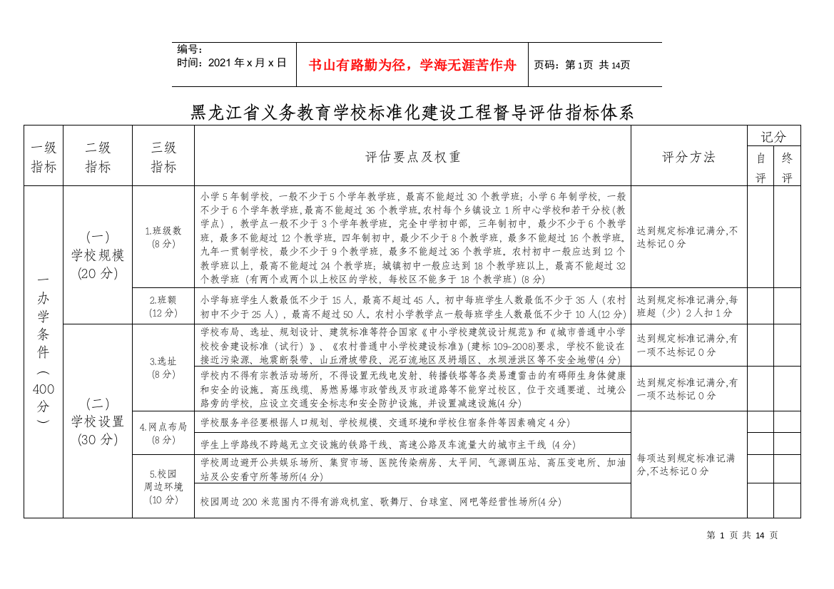 黑龙江省义务教育学校标准化建设工程督导评估指标体系