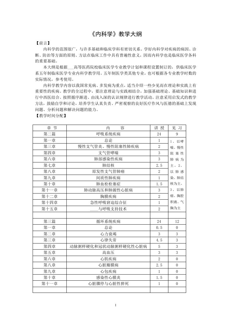 《内科学》五年制教学大纲