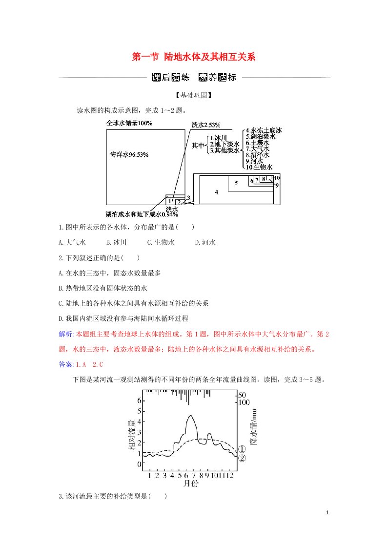 2021_2022学年新教材高中地理第四章水的运动第一节陆地水体及其相互关系演练含解析新人教版选择性必修1