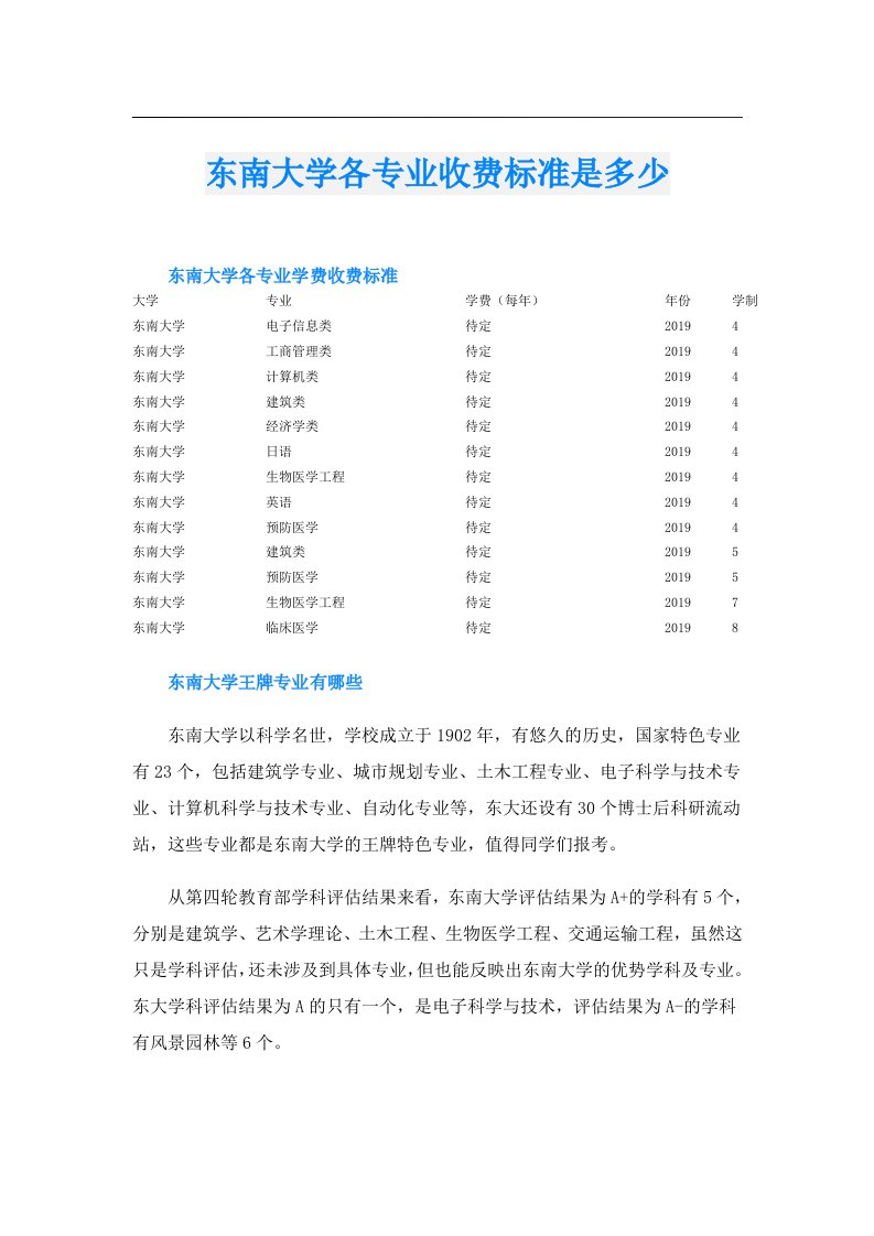 东南大学各专业收费标准是多少