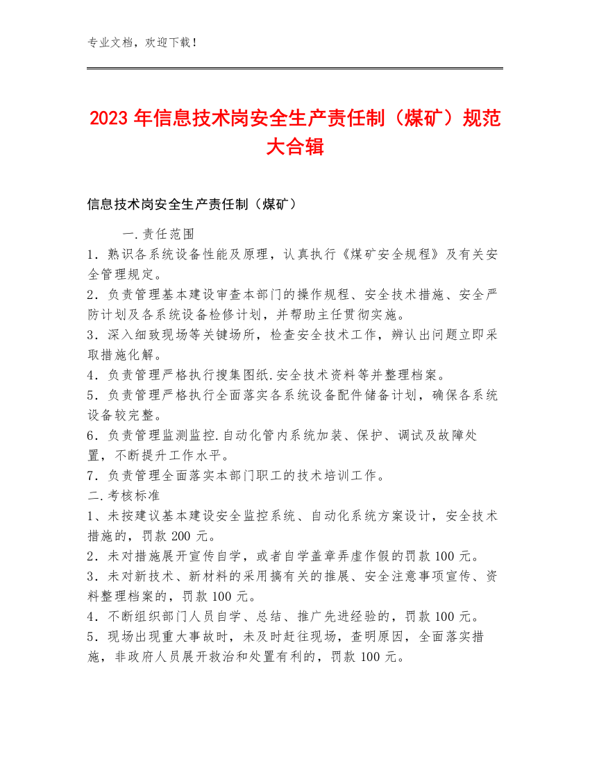 2023年信息技术岗安全生产责任制（煤矿）规范大合辑