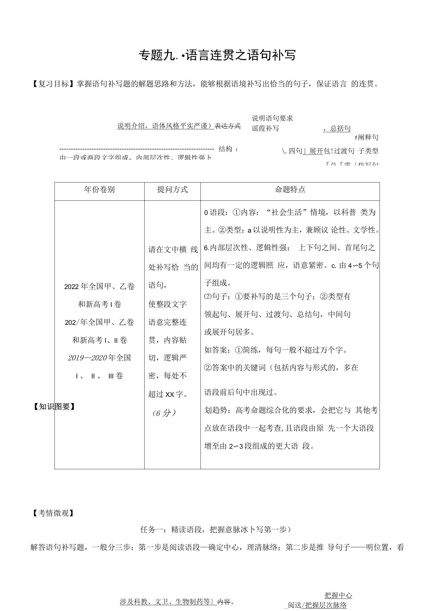 专题九：语言连贯之语句补写-备战2024年高考语文一轮复习一本通（全国通用）解析版