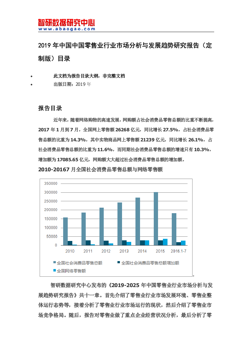 (完整版)2019年零售业行业市场分析与发展趋势研究报告(定制版)目录