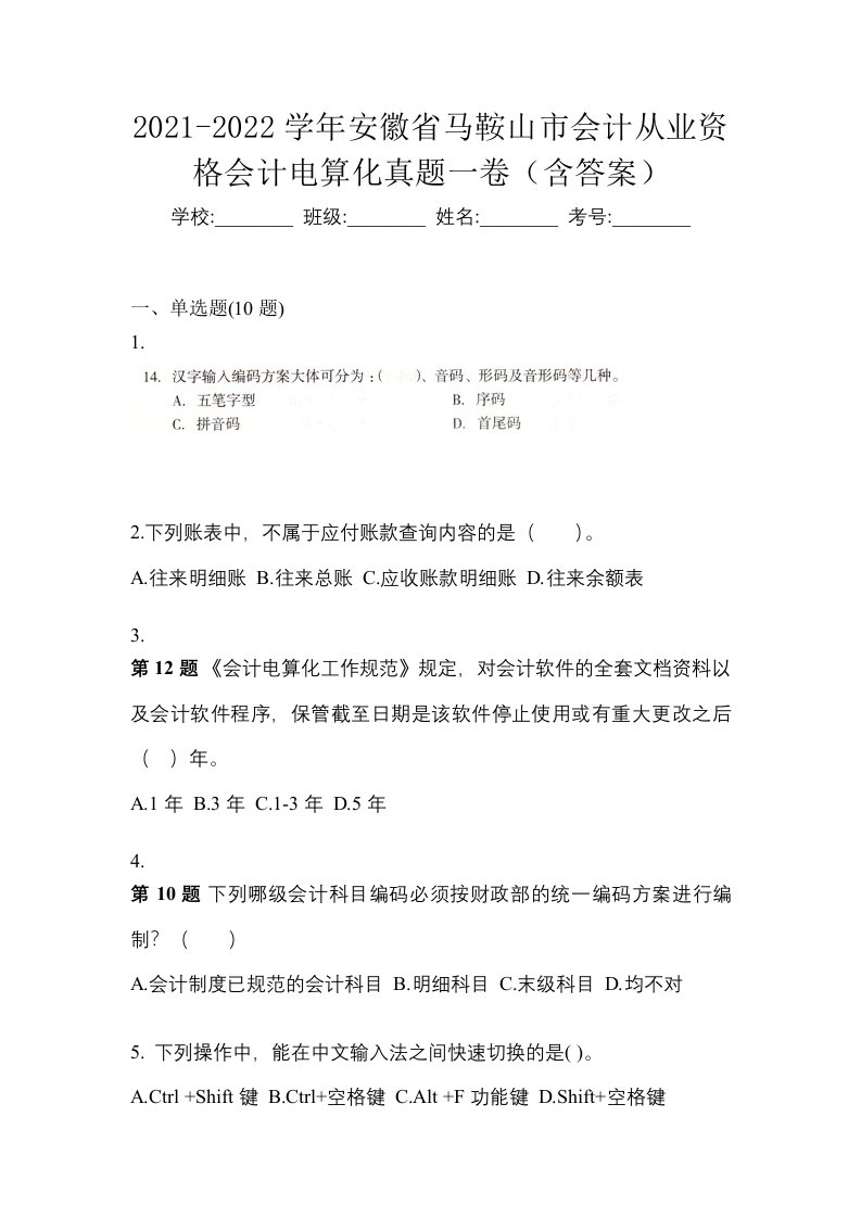 2021-2022学年安徽省马鞍山市会计从业资格会计电算化真题一卷含答案