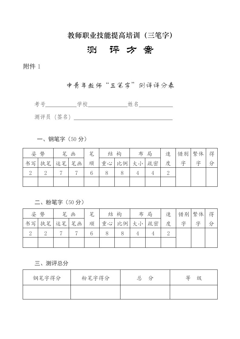 2022年教师基本技能考试三笔字测评方案