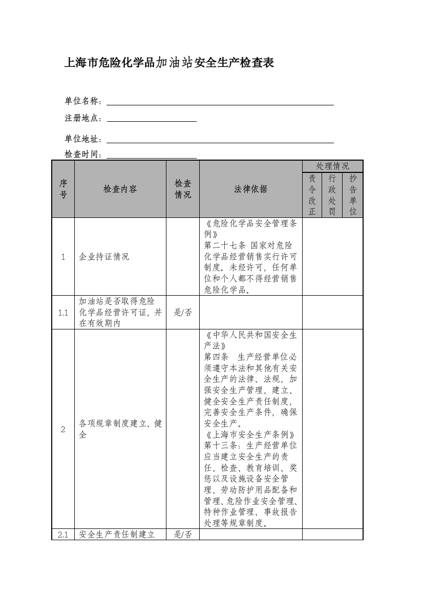 上海市危险化学品加油站安全生产检查表