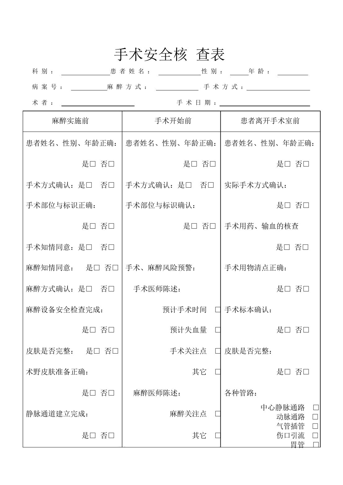 手术安全核查表格通用版