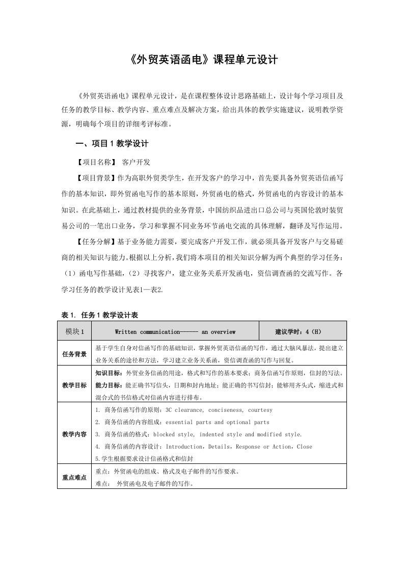 外贸英语函电单元课程设计