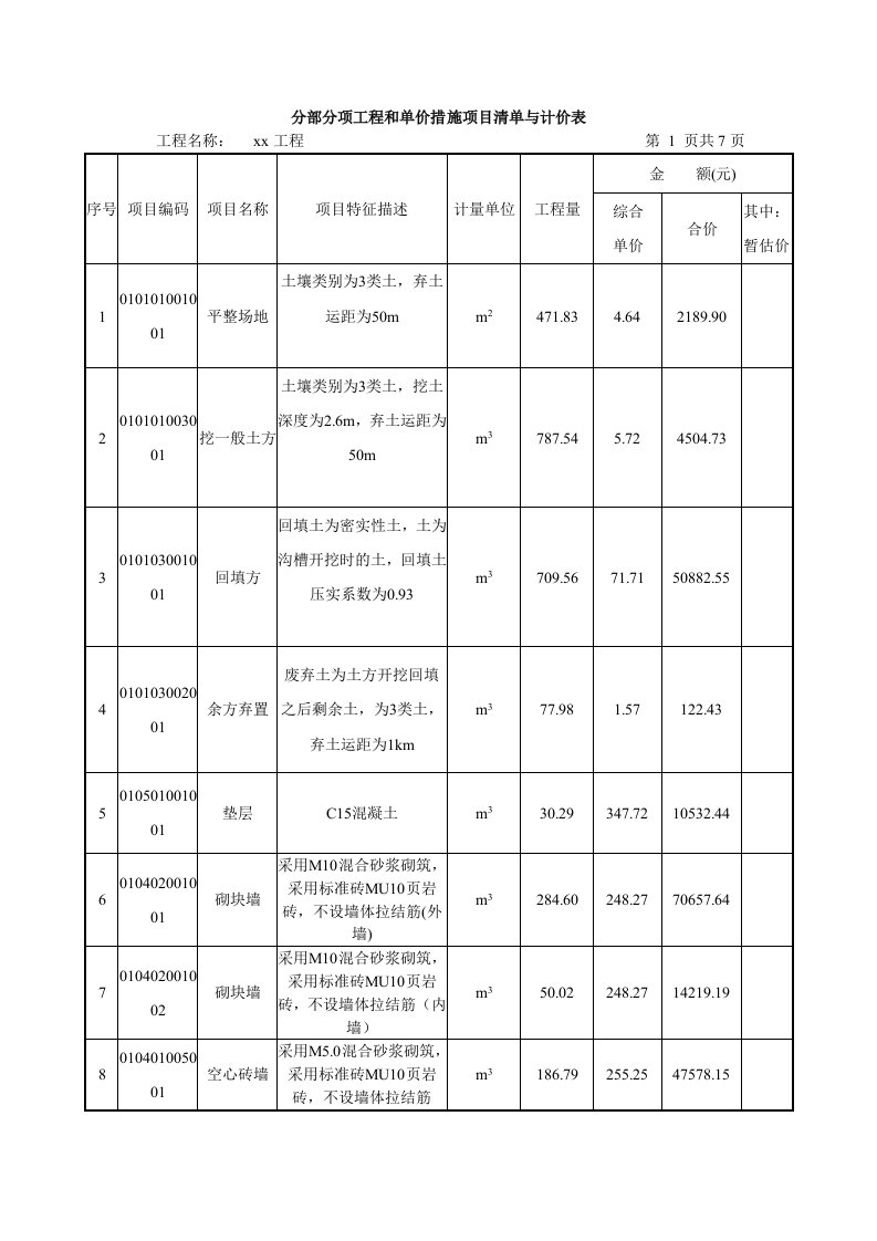 分部分项工程和单价措施项目清单与计价表