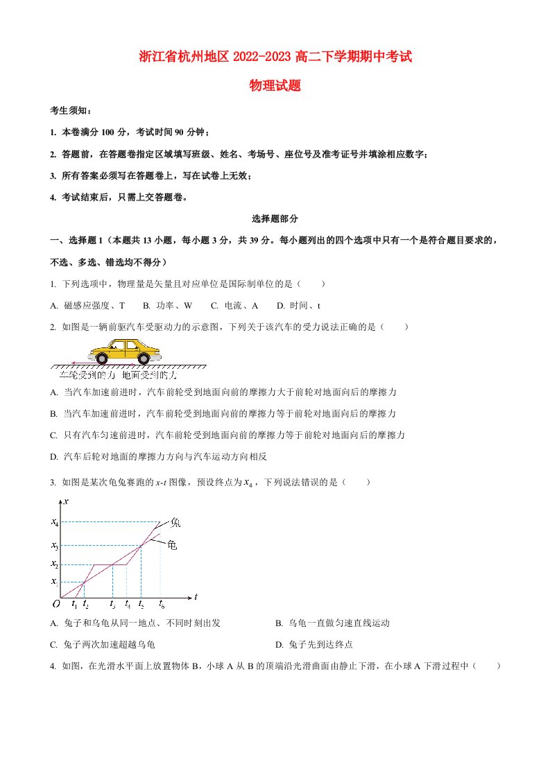 浙江省杭州地区2022_2023高二物理下学期期中联考试题