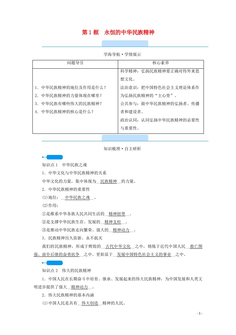 2021_2022学年高中政治第三单元中华文化与民族精神第7课第1框永恒的中华民族精神学案新人教版必修32021060939