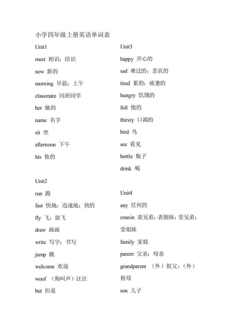 沪教牛津版小学四至六年级英语单词表