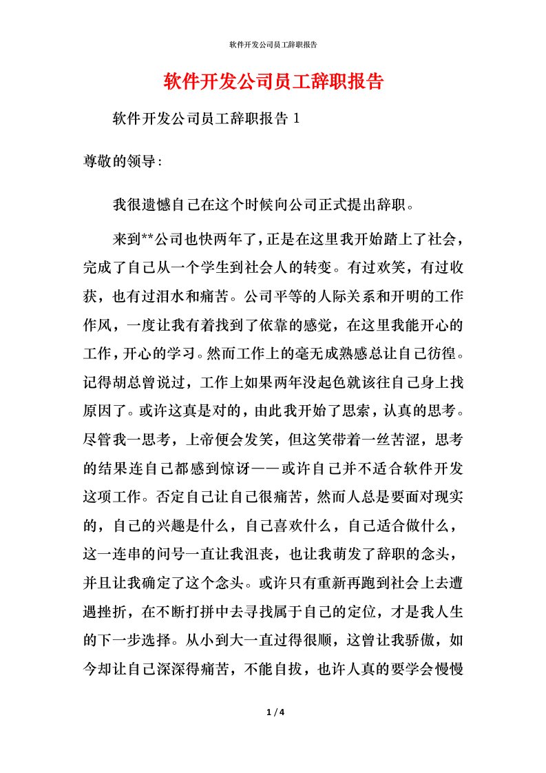 软件开发公司员工辞职报告