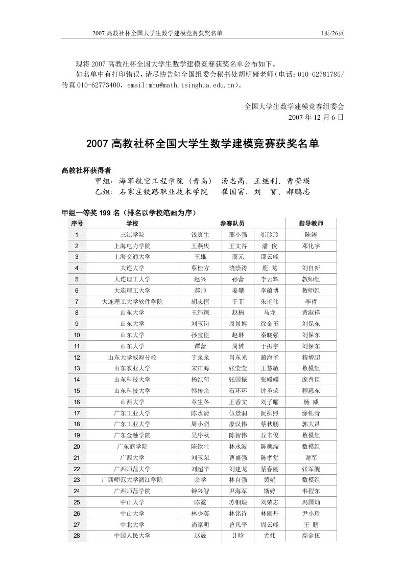 2007年全国大学生数学建模竞赛获奖名单