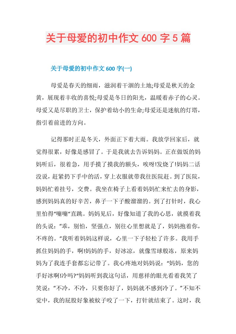 关于母爱的初中作文600字5篇