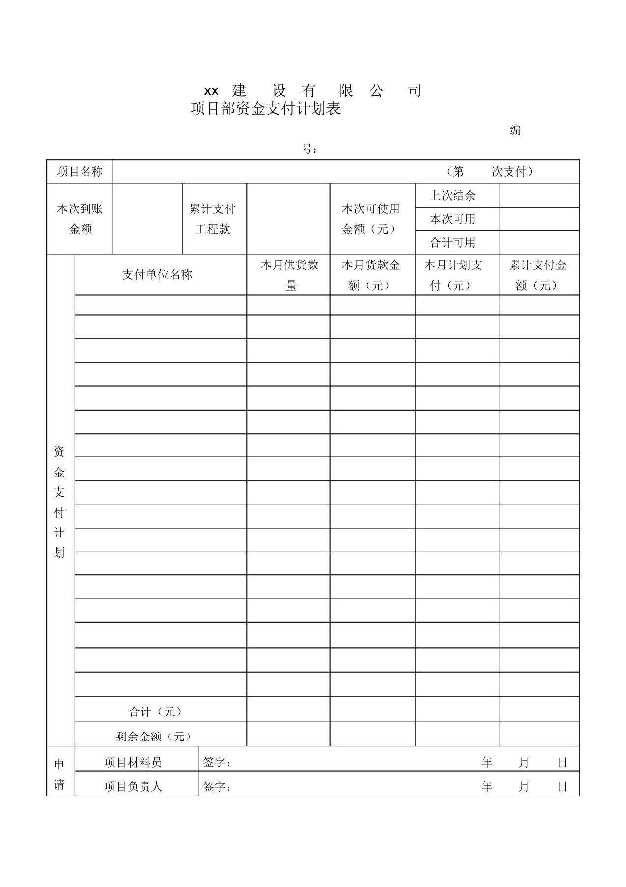 项目部资金支付计划表