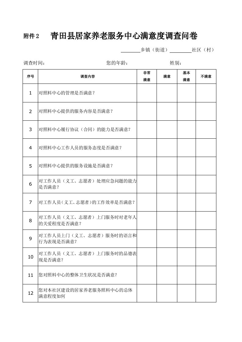 青田居家养老服务中心满意度调查问卷