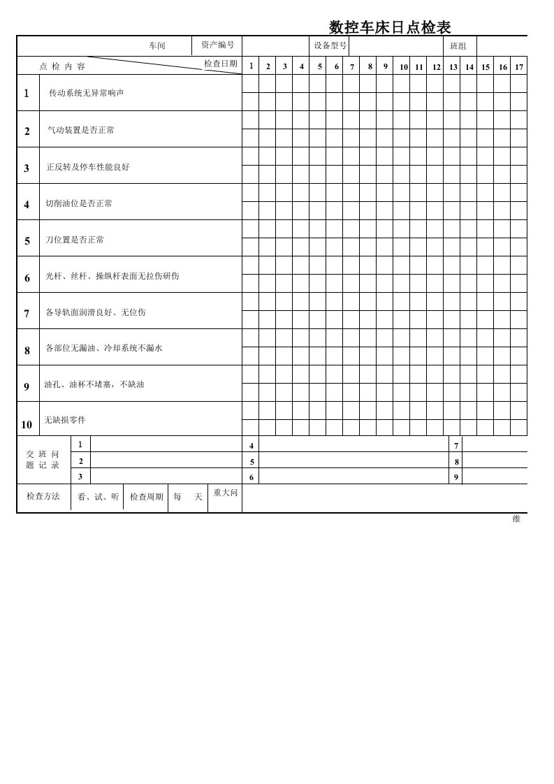 数控车床日点检表