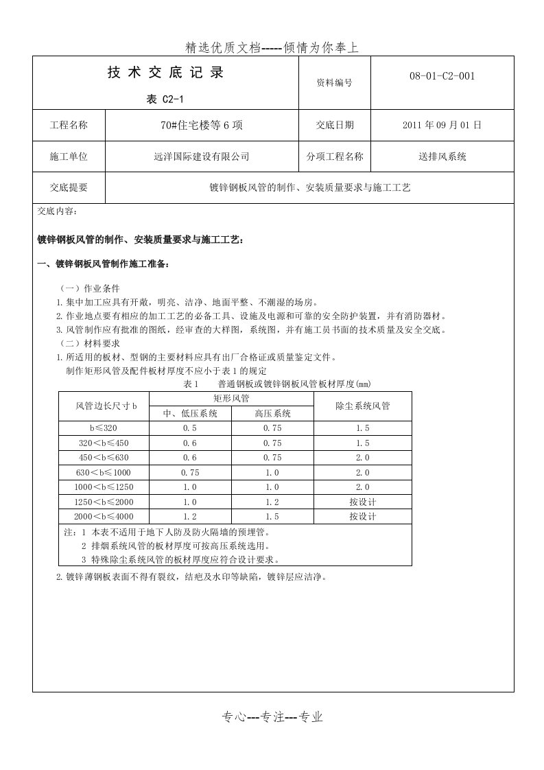 镀锌钢板风管的制作、安装施工工艺(共14页)