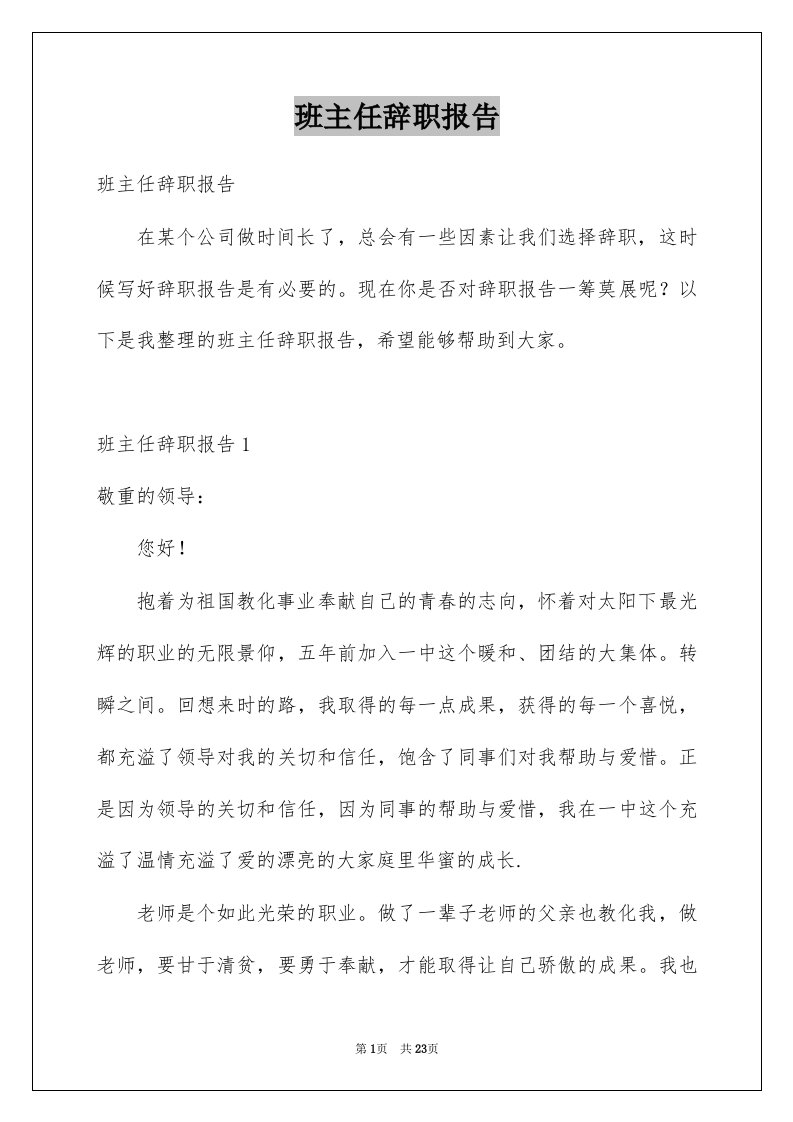 班主任辞职报告例文5