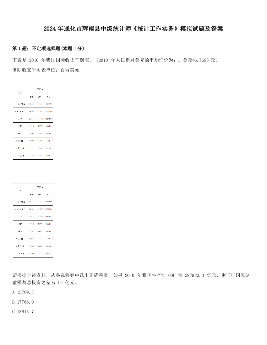 2024年通化市辉南县中级统计师《统计工作实务》模拟试题及答案