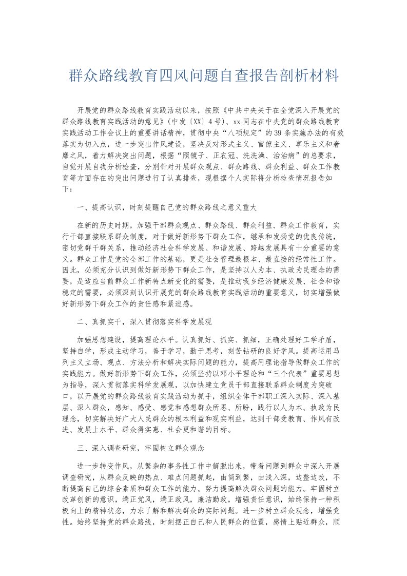 总结报告群众路线教育四风问题自查报告剖析材料