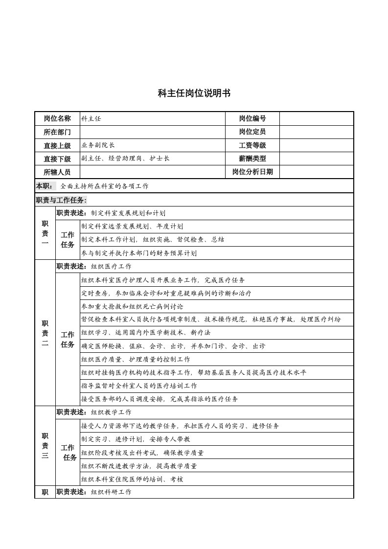 主任岗位说明书汇总27