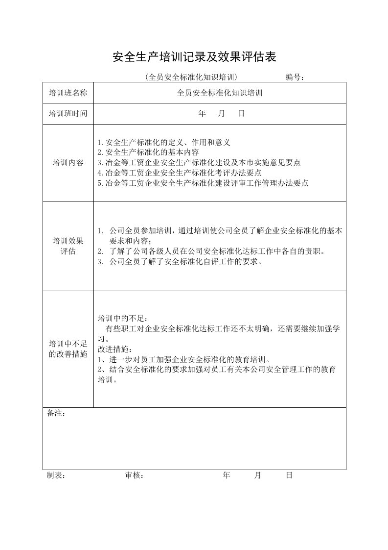 精品文档-9安全培训记录效果评估表安全标准化知识培训