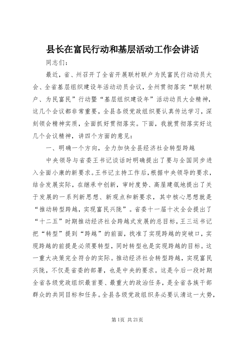 县长在富民行动和基层活动工作会讲话