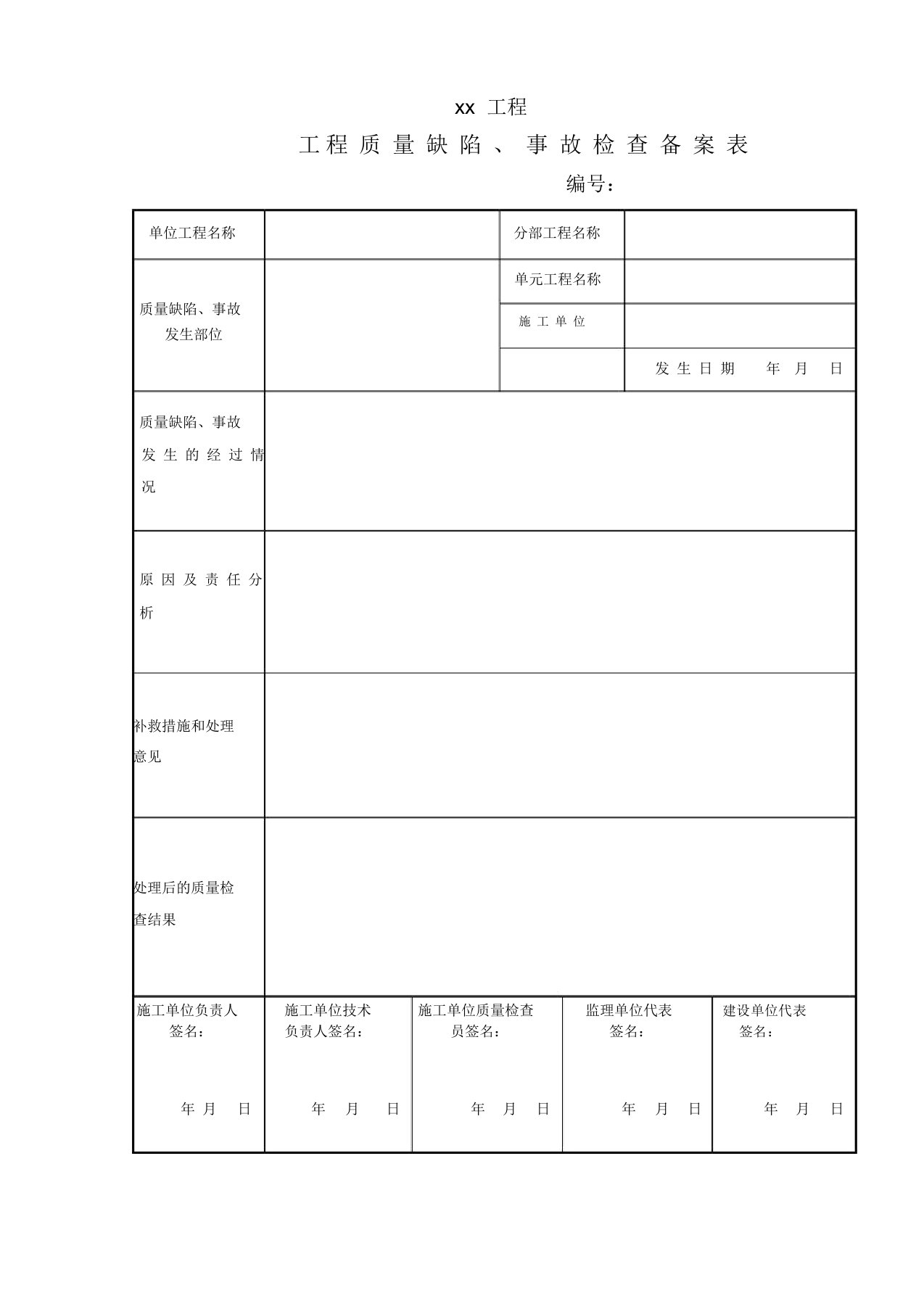 水利工程工程质量缺陷备案表