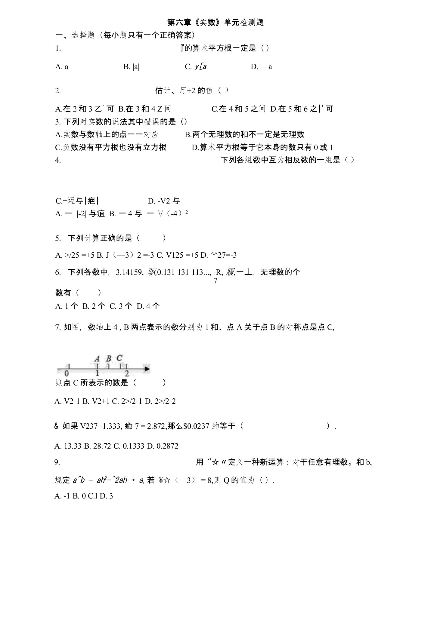 人教版初中数学七年级下第六章《实数》单元测试题含答案